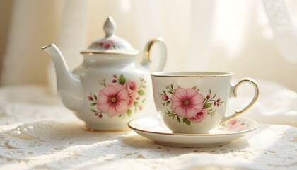 Fototapeta premium Vintage teapot and teacup with pink flowers on lace tablecloth