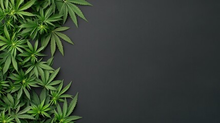 Lush green cannabis leaves are arranged against a solid black background, showcasing their vibrant colors and intricate shapes in digital art form