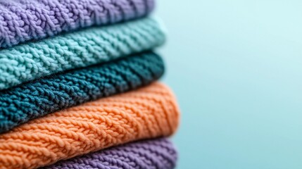 A group of raw knitted fabrics carefully stacked, emphasizing their natural fibers, soft textures, and suitability for handmade textile projects.