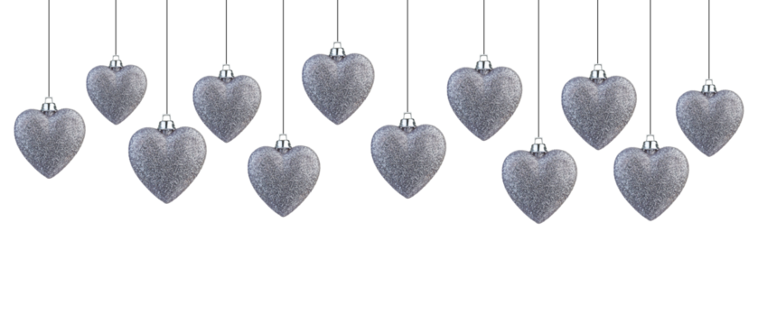 Garland wirh silver christmas hearts shape balls hanging on strings