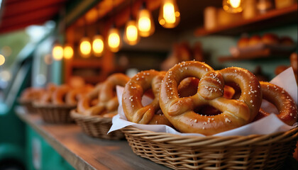 wallpapers A warm display of freshly baked soft pretzels in a food truck setting. The rustic ambiance enhances the appeal of these tasty treats. AI generated