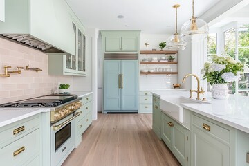 Fototapeta premium Eclectic kitchen with pastel green cabinets and pink backsplash
