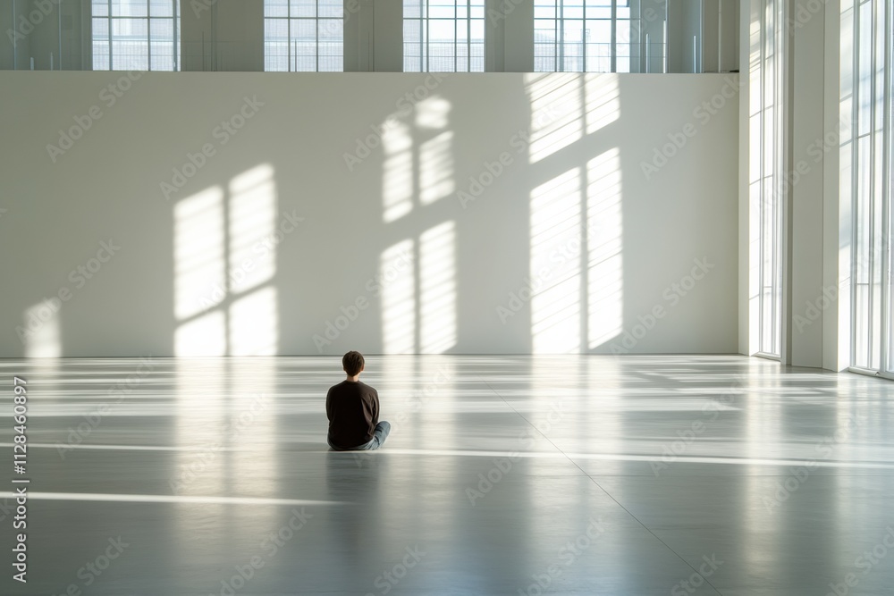 Aufkleber a person sits quietly on the floor of a spacious gallery, feeling the solitude of the area filled wi
