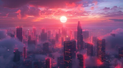 Fototapeta premium Futuristic city skyline at sunset, above clouds, glowing neon lights.