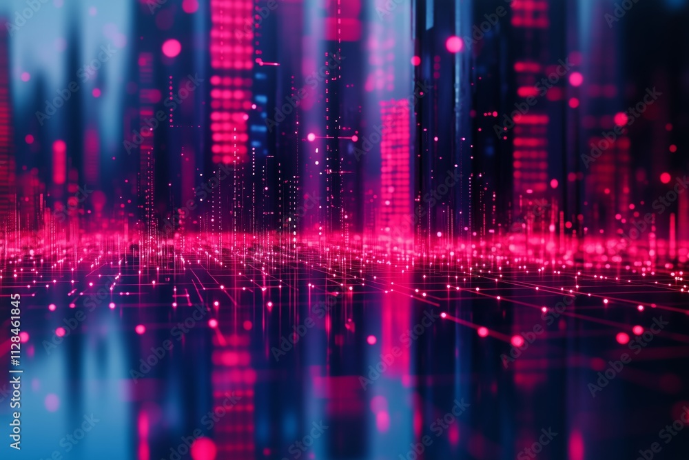 Poster gradient grid lines linking smart city dots, illustrating technology and metaverse concepts
