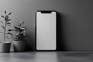 A smartphone with a blank screen on a desk with plants, minimalist design
