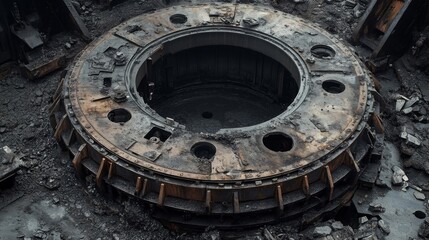 Obraz premium Rusty Industrial Circular Structure Remains After Demolition