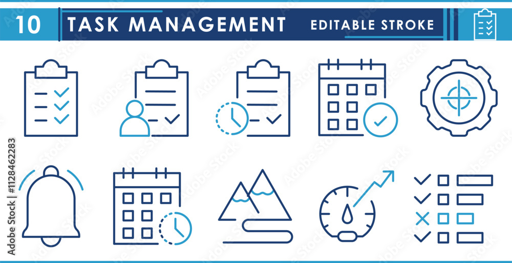 Poster a set of line icons related to task management. task, pending, completed, goal, notification, priori