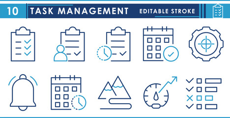 A set of line icons related to task management. Task, pending, completed, goal, notification, priority, and so on. Vector editable stroke.