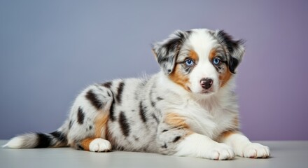Adorable australian shepherd puppy with blue eyes on gradient background