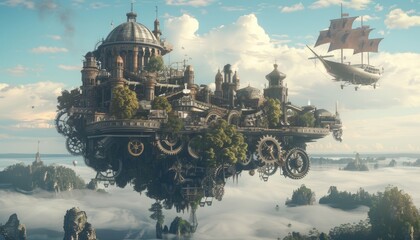 Fototapeta premium A Clockwork City Floats Above Misty Mountains