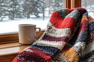 A cozy scarf and a cup of coffee on the windowsill