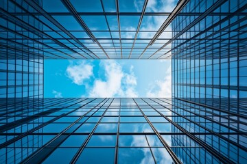 Obraz premium Gazing upwards at tall office towers in a city's financial hub beneath a clear azure sky
