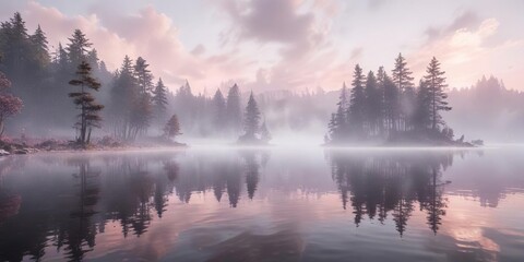 Fototapeta premium Pale pink and white mist rising from a serene lake, calm water, misty atmosphere