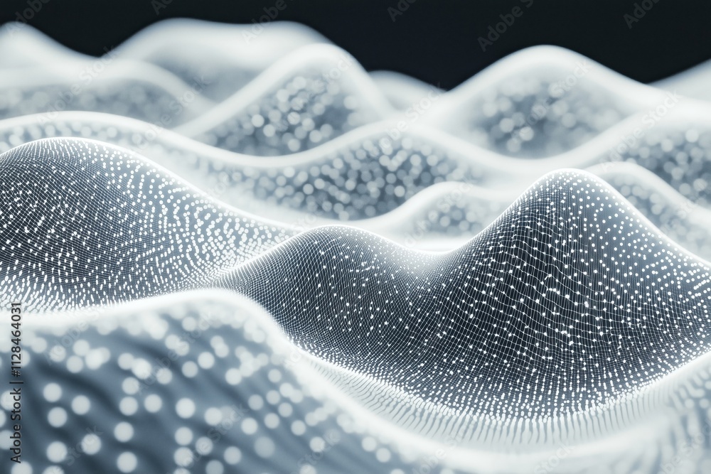 Poster futuristic white abstract wave design with interconnected dots and lines against a dark backdrop