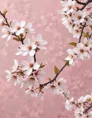 Obraz premium Pale pink background with scattered white cherry blossoms, minimalist, season