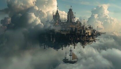 A Steampunk City Floats Among The Clouds Above A Sailing Ship