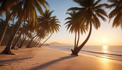 Palm tree-lined beach at dawn with warm lighting, palm trees, beachy atmosphere, seaside scenery