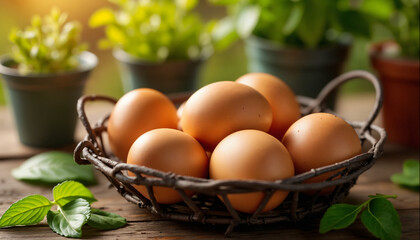 wallpapers A rustic basket filled with fresh brown eggs placed on a wooden surface with potted plants in the background. AI generated.