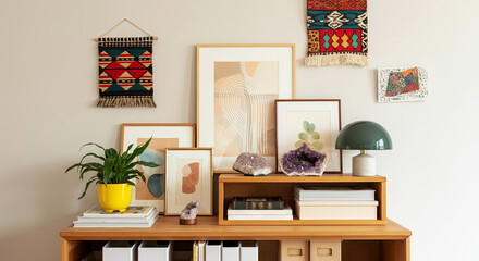 Eclectic home decor blends art, textiles, and natural elements into a harmonious display, highlighting a cozy ambiance with a touch of bohemian flair. Generated AI