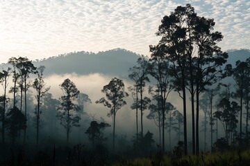 Obraz premium A forest of tall trees shrouded in mist winter background