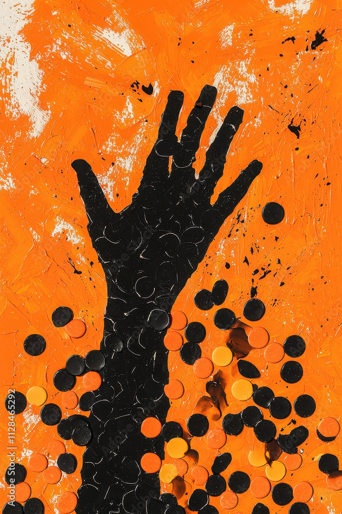 Poster dynamic abstract hand in vivid orange and black with textured paint layers creating a bold expressio