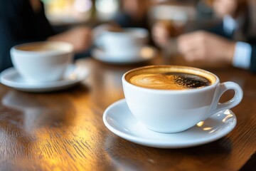 Business professionals networking over coffee in a coworking cafeteria, photorealistic, Coworking social space, Networking opportunities