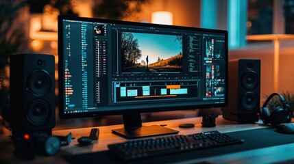 Professional video editing workspace with ultrawide monitor displaying timeline interface, studio monitors, and moody ambient lighting. Creative post-production setup in orange and blue tones