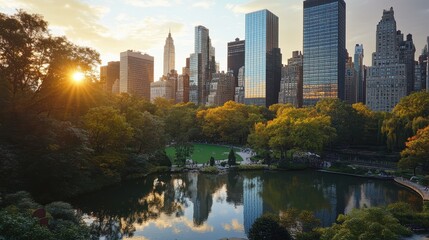 Obraz premium A serene sunset view of a city skyline reflected in a tranquil park pond.