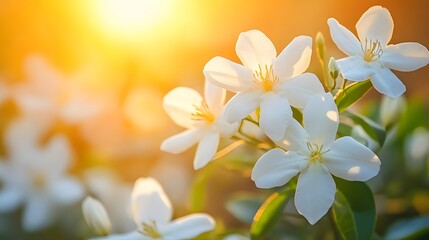Obraz premium jasmine white flowers, delicate dreamy sunset atmosphere 