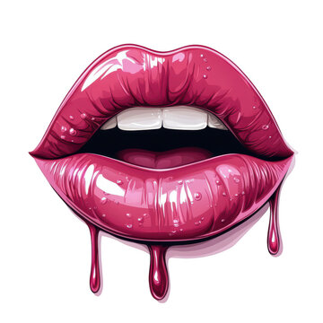 Beautiful woman's red lips with the tongue sticking out, red lipstick on isolated transparent background