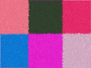 Abstract textured background with colorful square patches in pink, green, blue, and purple.