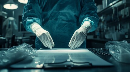 Surgeon reviewing medical documents in sterile environment