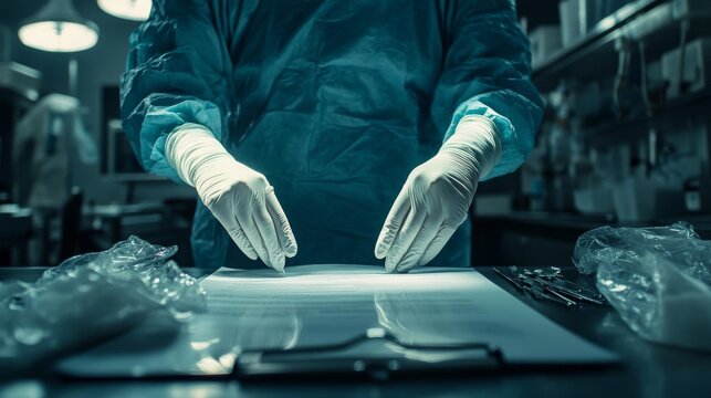 Surgeon reviewing medical documents in sterile environment