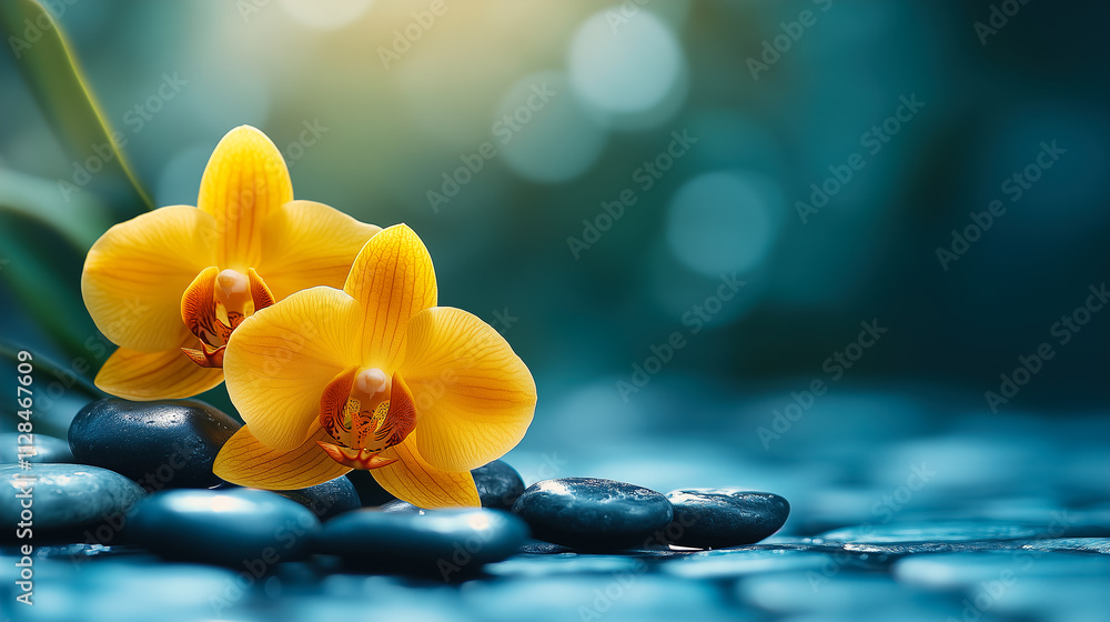 Poster bright yellow orchids resting on smooth stones create a serene atmosphere in a tranquil setting. gen