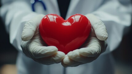 Gloved hands gently hold a red heart symbol