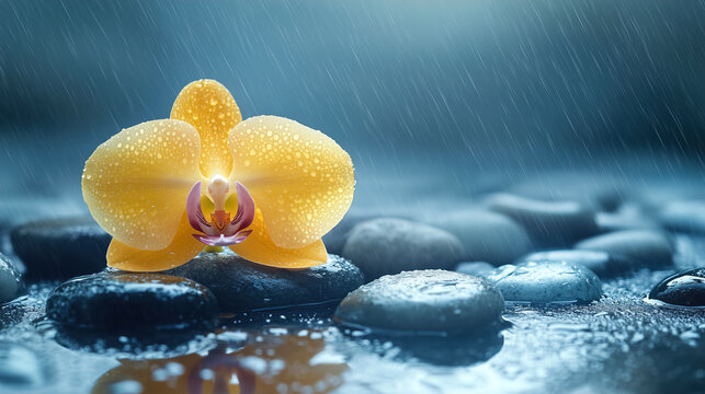 Bright yellow orchid resting on smooth stones in gentle rainfall creating a serene atmosphere in nature. Generative AI