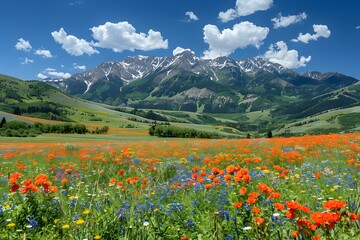 Vibrant Wildflower Meadow with Majestic Mountain Backdrop Under Clear Blue Sky