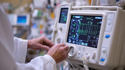 Doctor Adjusting Medical Monitoring Equipment Displaying Vital Signs