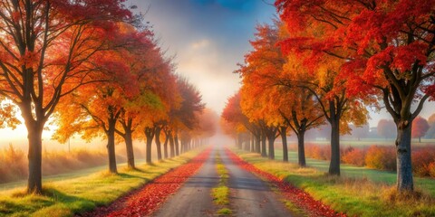 Red-leafed trees line a misty autumn pathway, their silhouettes fading into the distant horizon.