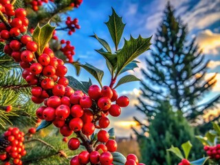 Obraz premium Festive silhouette garden: holly berries, pine, red flowers gleam in winter's embrace.