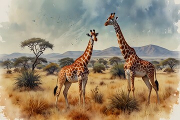 Giraffes and zebras in the savannah in watercolor style