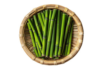 Fresh, vibrant green bamboo shoots displayed in a woven basket, showcasing their natural beauty and culinary potential