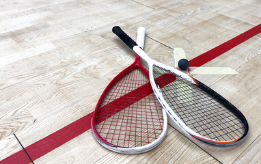 Squash Rackets And a Ball on a Wooden Court Floor. Sport Theme.