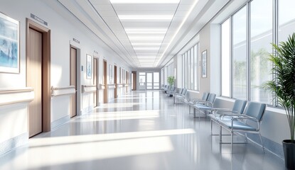 A long, empty hospital hallway featuring chairs and multiple doors