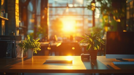 Sunset illuminates a modern workspace with plants and a computer