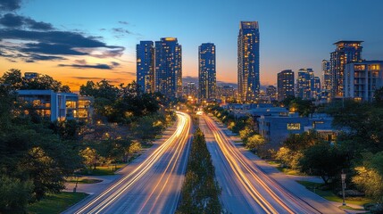 Fototapeta premium highway and modern city at night with light trails