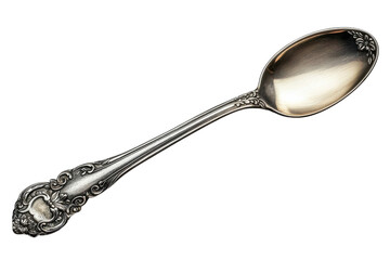 Ornate silver spoon with intricate design displayed on a neutral background