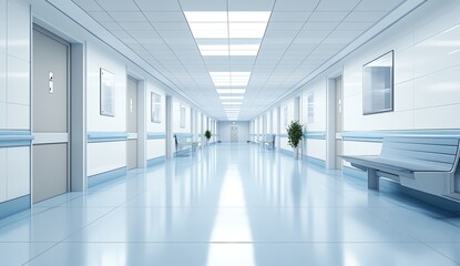 A long, empty hospital hallway featuring chairs and multiple doors