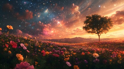 a flower field with a starry night sky